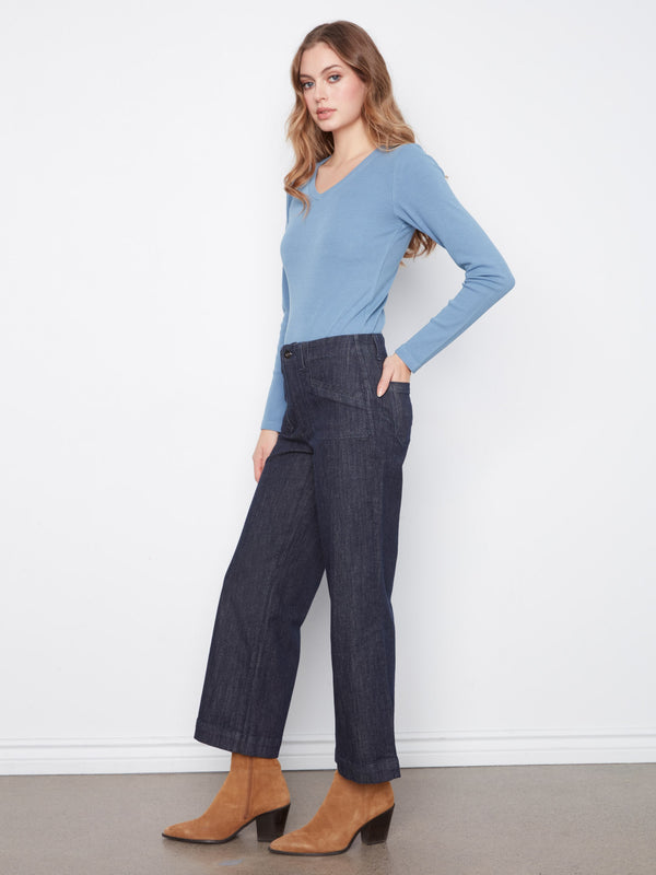 Jean écourté extensible à jambe large - Bleu Profond