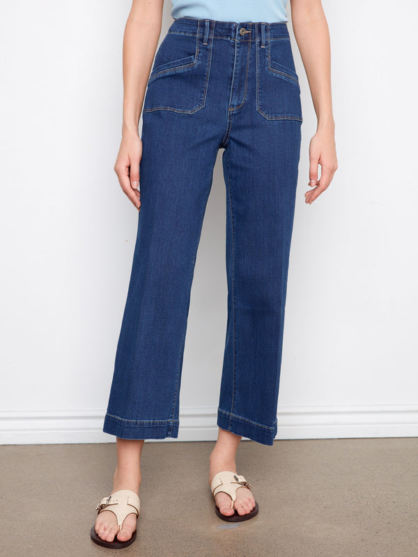 Cropped length indigo jeans with regular rise and stylish patch pockets, offering a chic look by Charlie B.