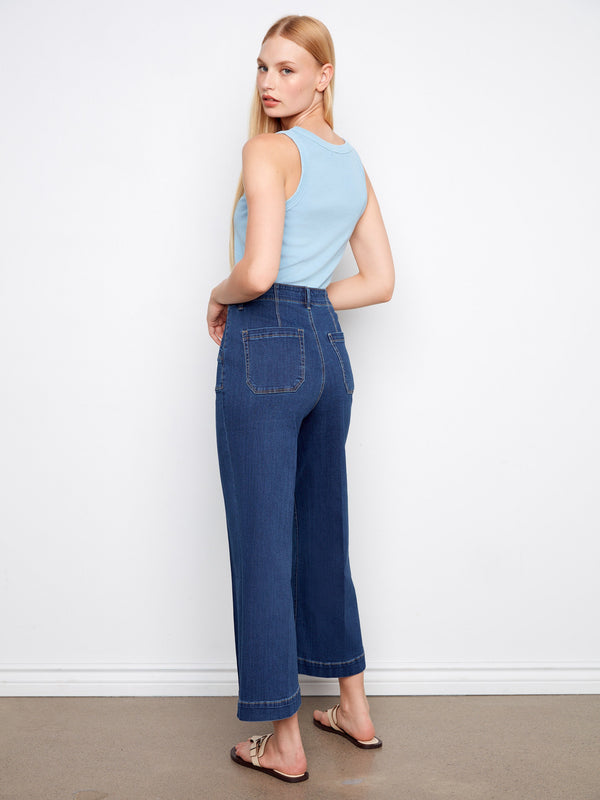 Stretch denim indigo jeans with a flattering wide-leg cut and rectangular patch pockets by Charlie B.