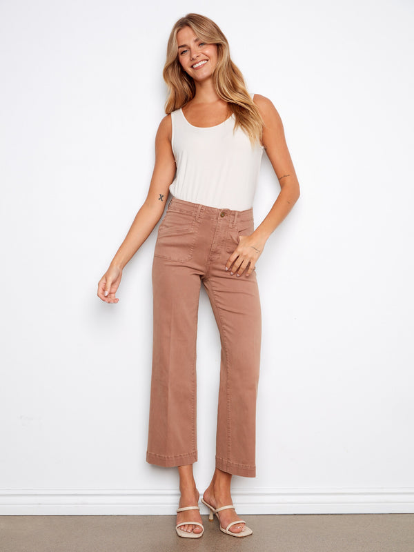 Wide leg pants in stretch twill fabric with a regular rise, offering comfort and style. Perfect for casual outings. By Charlie B.