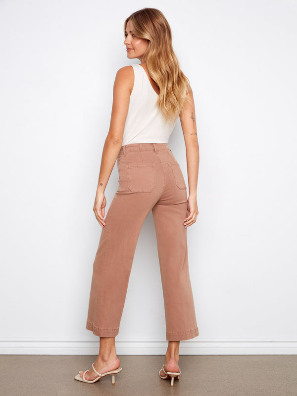 Comfortable wide leg trousers crafted from stretch twill fabric, perfect for a relaxed yet fashionable look. By Charlie B.