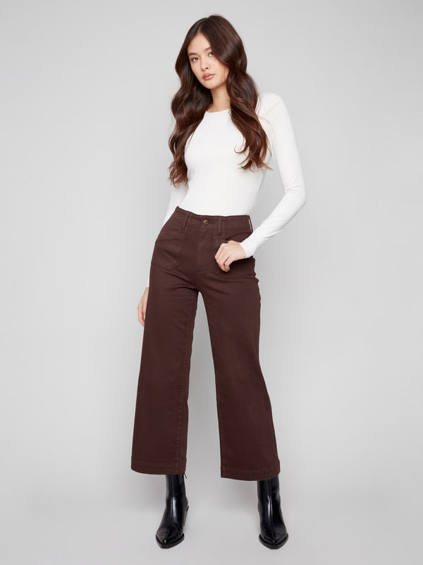 Mocha cropped pants with a wide-leg design, featuring a comfortable stretch twill fabric for ease of movement by Charlie B.