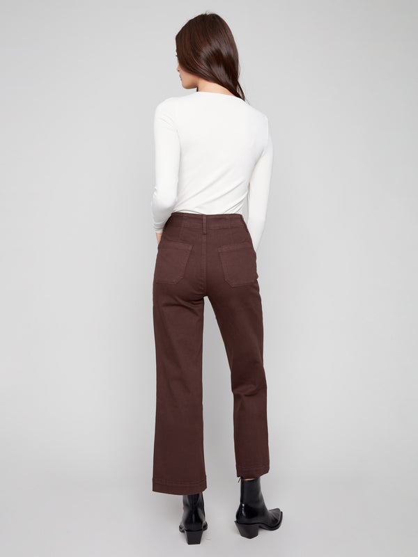 Regular rise mocha-colored cropped pants with classic wide-leg silhouette, enhancing any outfit effortlessly by Charlie B.
