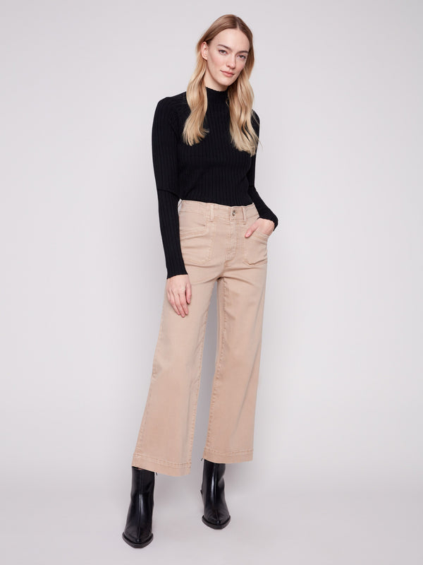 Sesame-colored pants with a regular rise and stretch twill fabric for comfort by Charlie B.