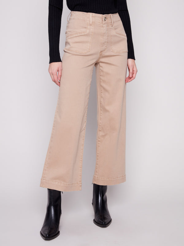 Cropped length wide-leg pants in sesame color with stylish patch pockets by Charlie B.