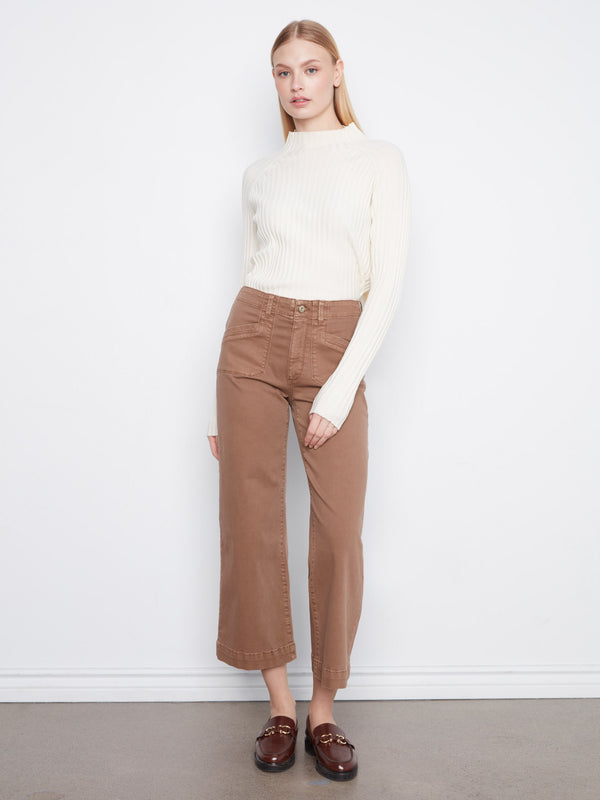 Cropped Wide Leg Stretch Twill Pants - Truffle