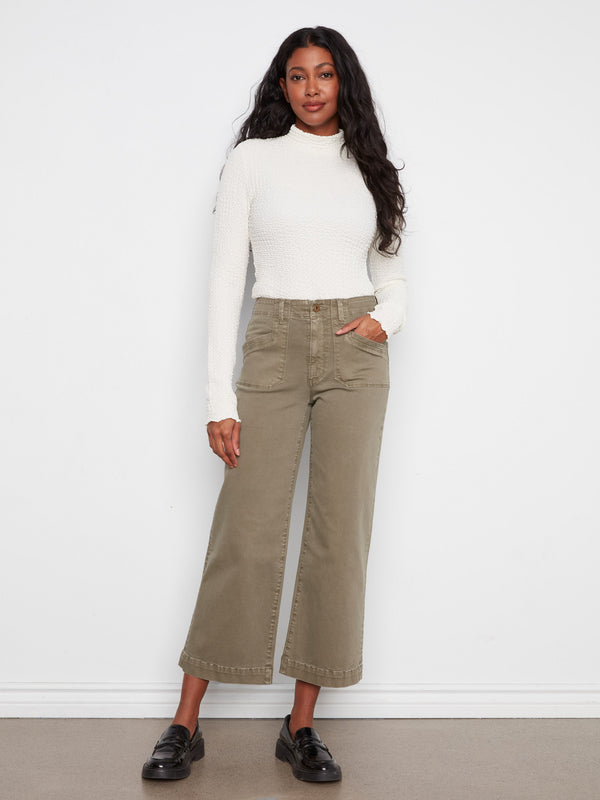 Pantalon écourté extensible à jambe large - Verveine