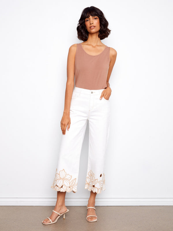 Cropped Wide Leg Twill Jeans With Floral Embroidery - White