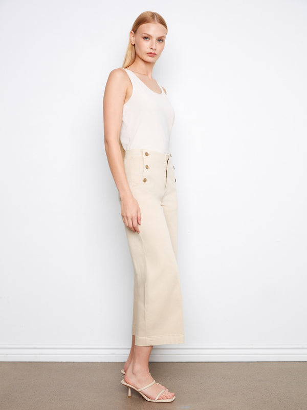 Cropped Wide Leg Twill Pants With Side Buttons - Beige