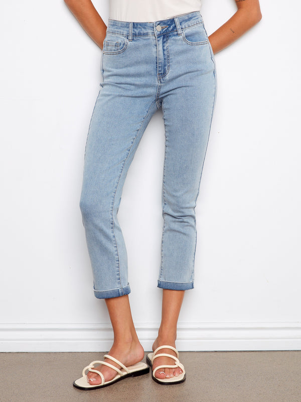 Cuffed Cropped Slim Leg Jeans - Light Blue