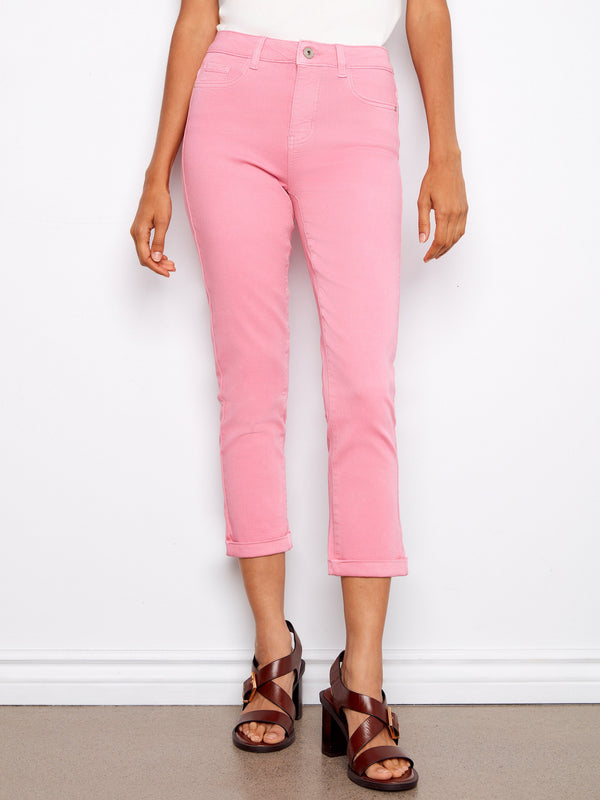 Cuffed Cropped Slim Leg Twill Pants - Candy