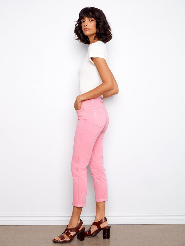 Cuffed Cropped Slim Leg Twill Pants - Candy
