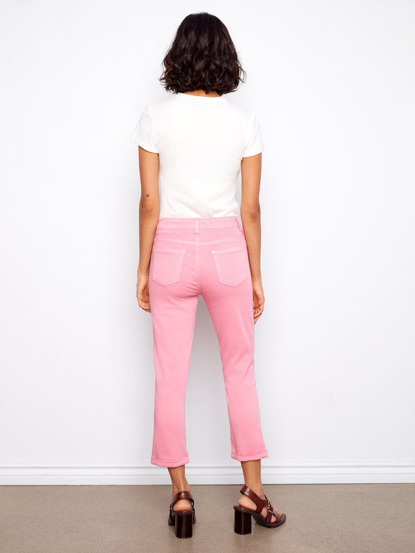 Cuffed Cropped Slim Leg Twill Pants - Candy