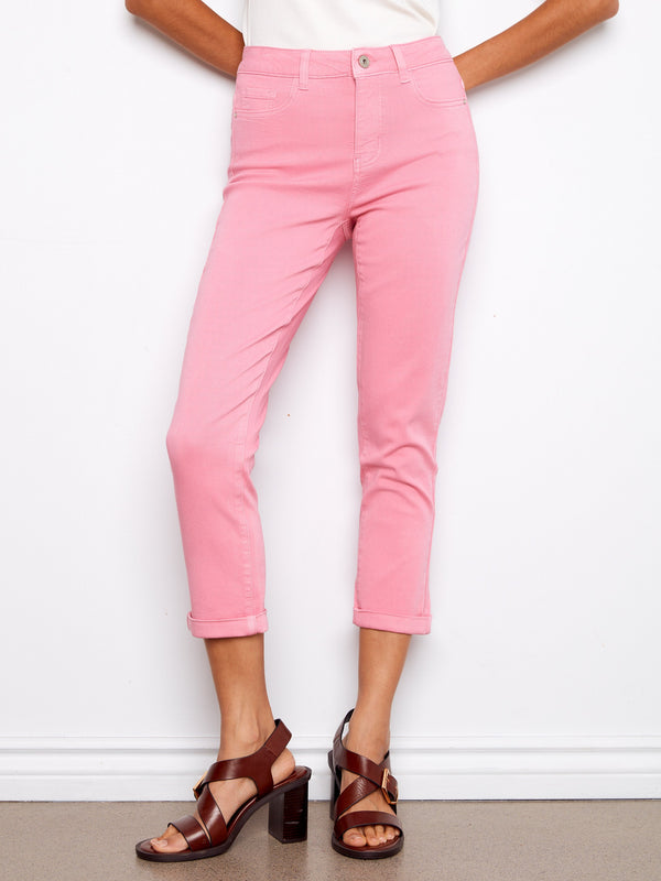 Cuffed Cropped Slim Leg Twill Pants - Candy