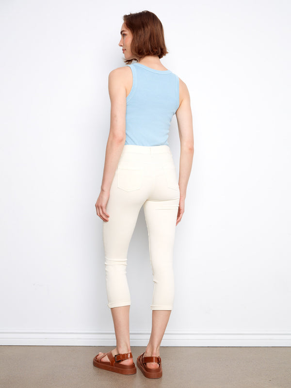 Cuffed Cropped Slim Leg Twill Pants - Natural