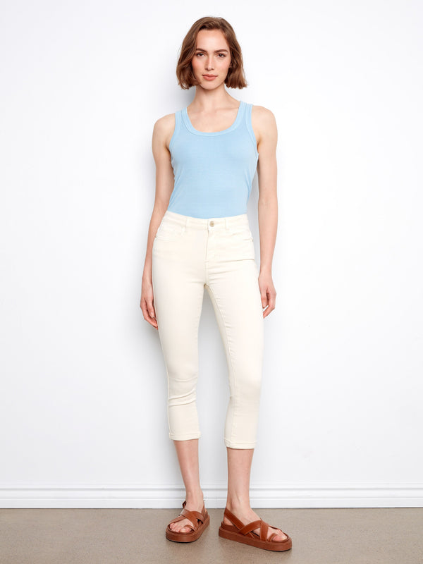 Pantalon écourté en sergé à jambe étroite avec revers - Naturel