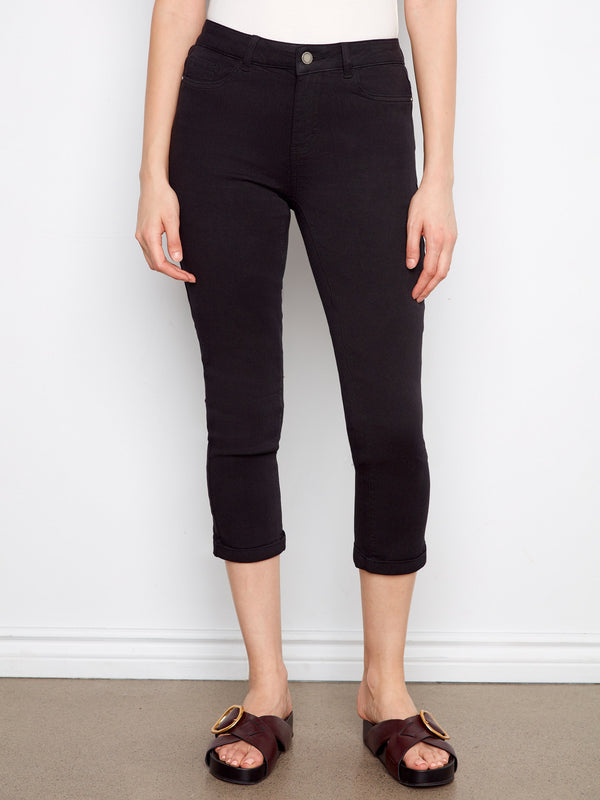 Cuffed Cropped Slim Leg Twill Pants - Black
