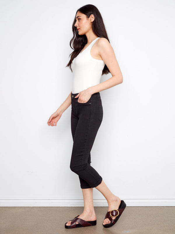 Cuffed Cropped Slim Leg Twill Pants - Black