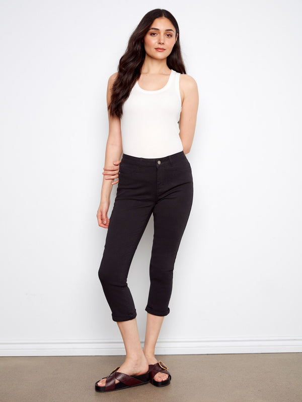 Cuffed Cropped Slim Leg Twill Pants - Black