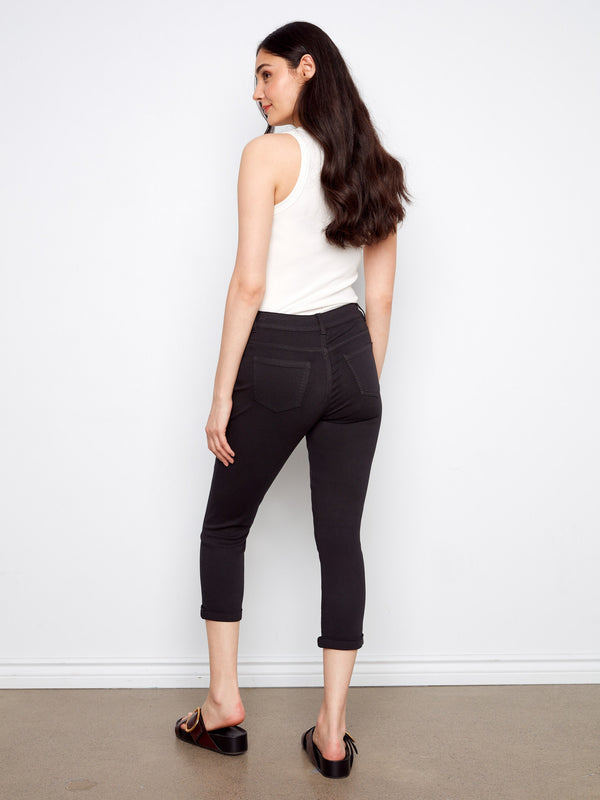 Cuffed Cropped Slim Leg Twill Pants - Black
