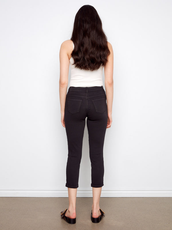 Cuffed Cropped Slim Leg Twill Pants - Black