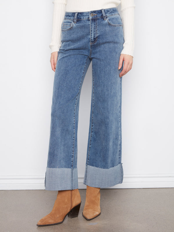 Jean écourté à jambe large avec revers - Bleu Moyen