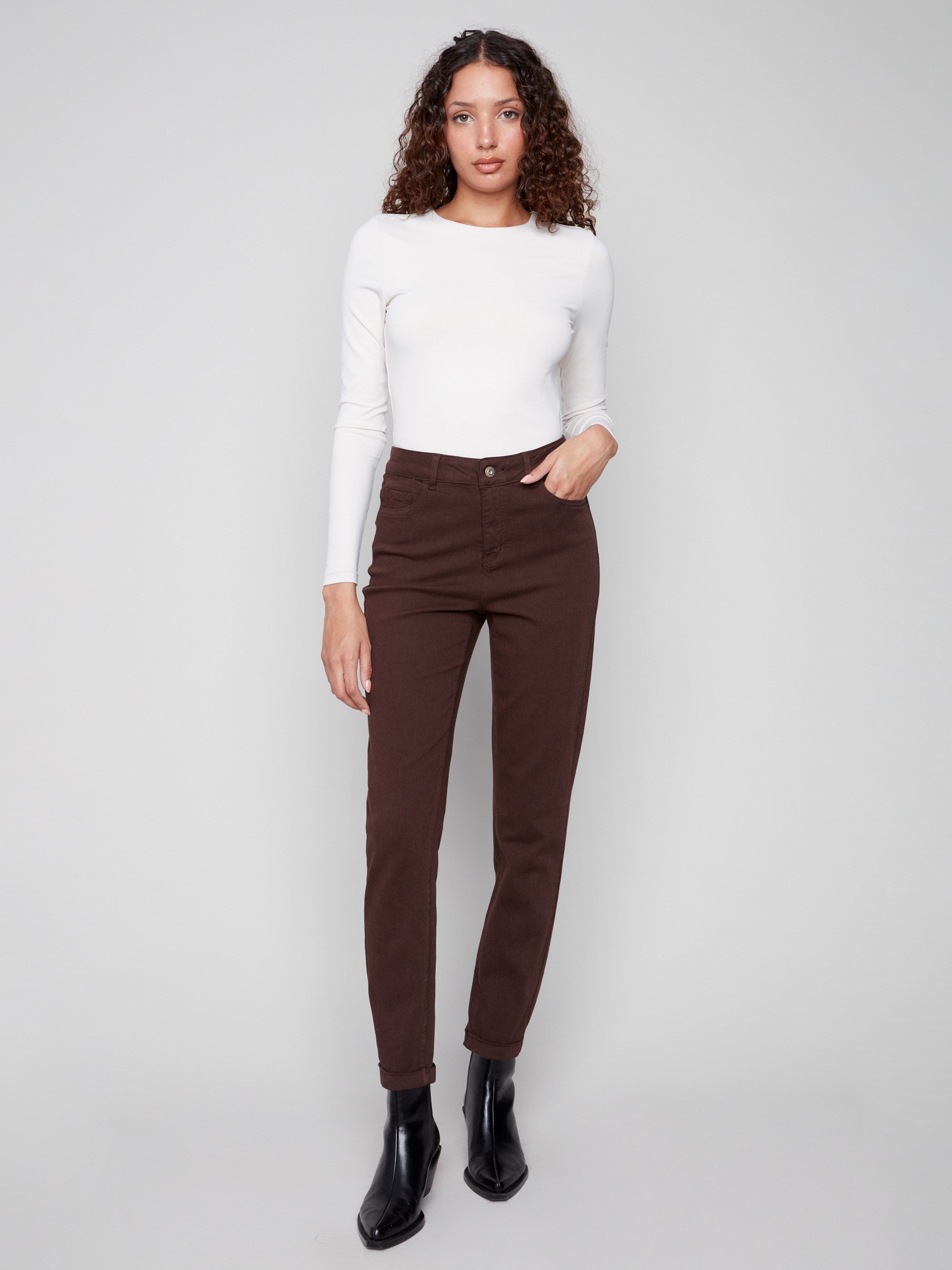 Mocha slim-leg jeans featuring a sleek slim fit and stylish cuffed hems, perfect for any occasion by Charlie B.