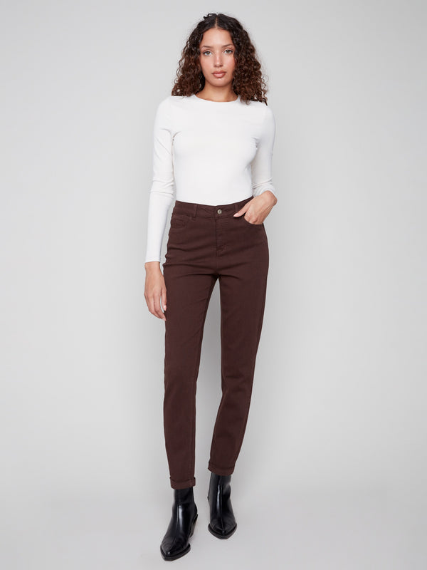 Mocha slim-leg jeans featuring a sleek slim fit and stylish cuffed hems, perfect for any occasion by Charlie B.