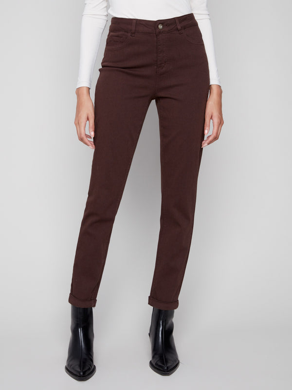 These mocha twill jeans boast a flattering long length and a versatile five-pocket design by Charlie B.