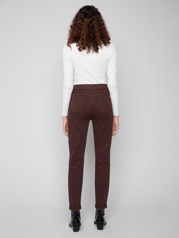 Chic mocha slim-leg jeans highlighted by their classic five-pocket design and cuffed hems for added flair by Charlie B.