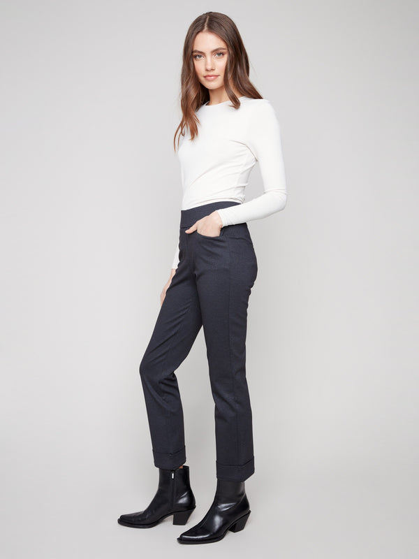 Ponte pants in navy with stretch fabric and mid-rise waist, ensuring comfort and style by Charlie B.
