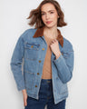 Denim jacket featuring a stylish corduroy collar, perfect for a relaxed look. By Charlie B.