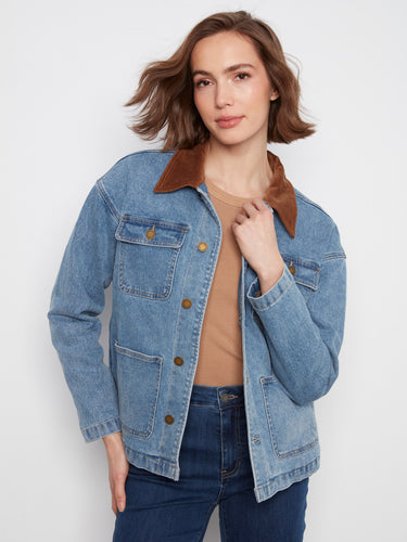 Denim jacket featuring a stylish corduroy collar, perfect for a relaxed look. By Charlie B.