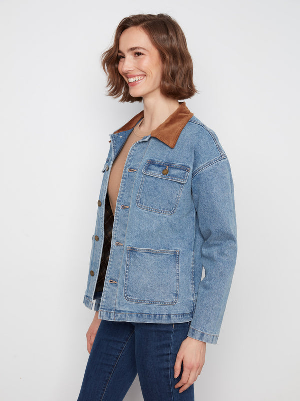 Veste de campagne en denim avec col en velours côtelé - Bleu Denim