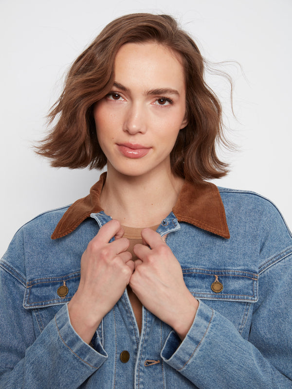 Veste de campagne en denim avec col en velours côtelé - Bleu Denim