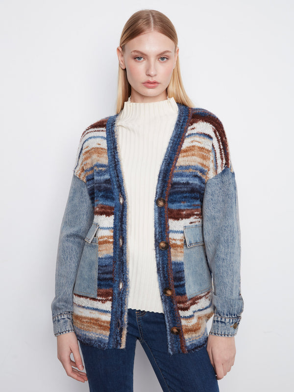 Cardigan en tricot chiné avec détails en denim - Lac Tahoe