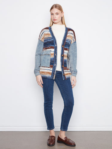 Stylish cardigan featuring drop shoulders and a blend of cozy textures with denim accents for added flair by Charlie B.