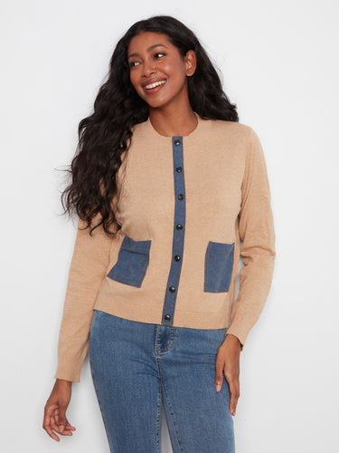 Beige cardigan featuring a crew neck design, paired with denim jeans for a casual look. Made from 100% cotton by Charlie B.