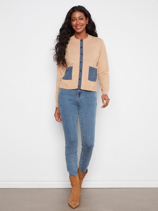 Denim Detail Cotton Sweater - Heather Camel