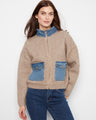 Heather sand sweater jacket with denim patch pockets and long sleeves, perfect for a casual look by Charlie B.