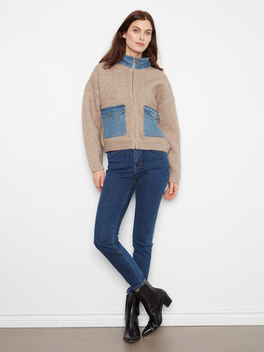 Stylish heather sand sweater jacket featuring drop shoulders and a chic design by Charlie B.