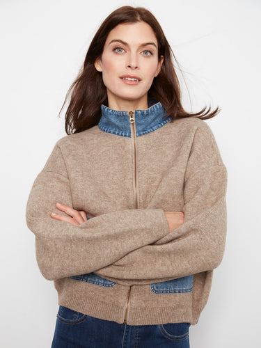 Cozy heather sand sweater jacket with a stand denim collar, ideal for layering by Charlie B.