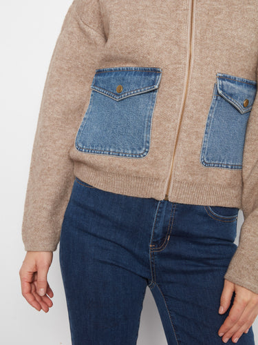 Heather sand sweater jacket with convenient zip-front closure, offering both style and comfort by Charlie B.