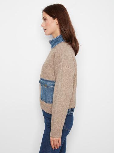 Elegant heather sand sweater jacket showcasing its unique denim patch pockets for added flair by Charlie B.