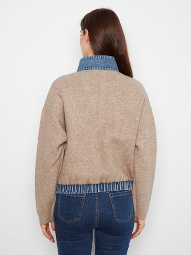 Chic heather sand sweater jacket highlighting its fashionable stand denim collar detail by Charlie B.