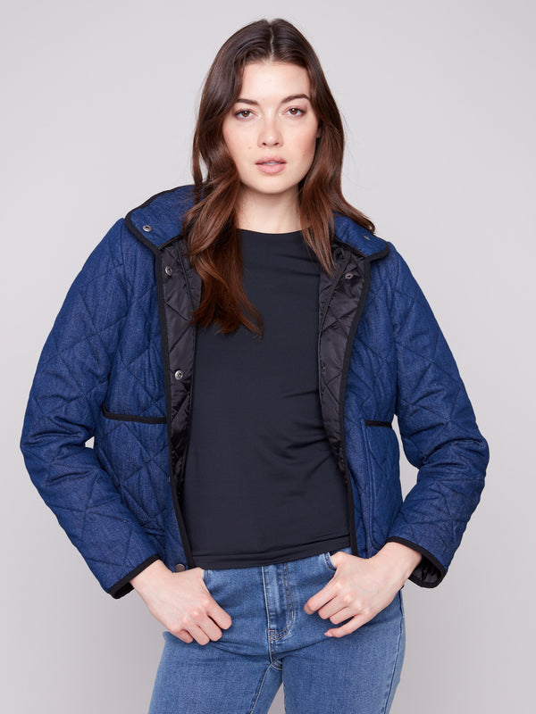 Denim quilted puffer jacket with front or side patch pockets and snap button details by Charlie B.