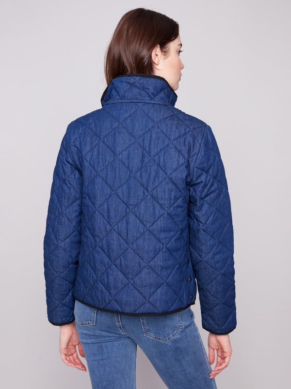 Quilted blue denim jacket crafted with a high collar for added warmth and style by Charlie B.