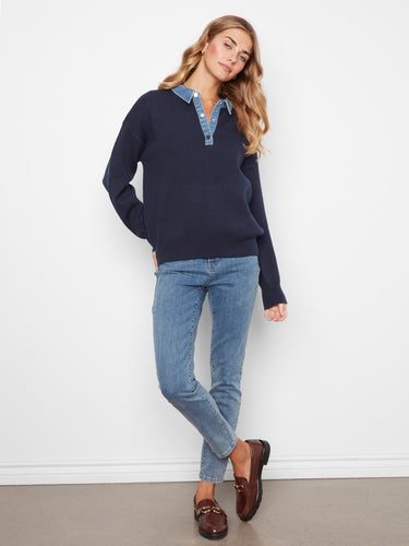 Experience the relaxed fit of this navy sweater, designed for effortless style and comfort in every setting by Charlie B.
