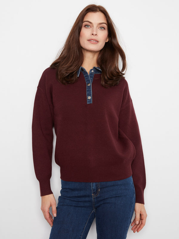 Denim Trim Polo Sweater - Merlot