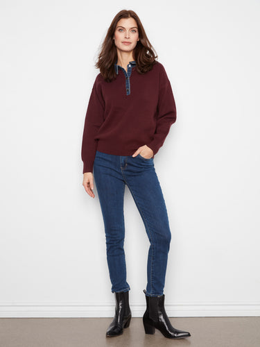 This top showcases a half-snap denim placket, blending comfort with modern style effortlessly by Charlie B.